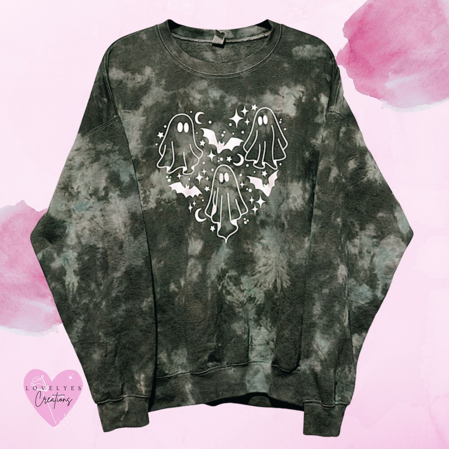 Ghosts/Bats Heart Shaped Tie-Dye Crew